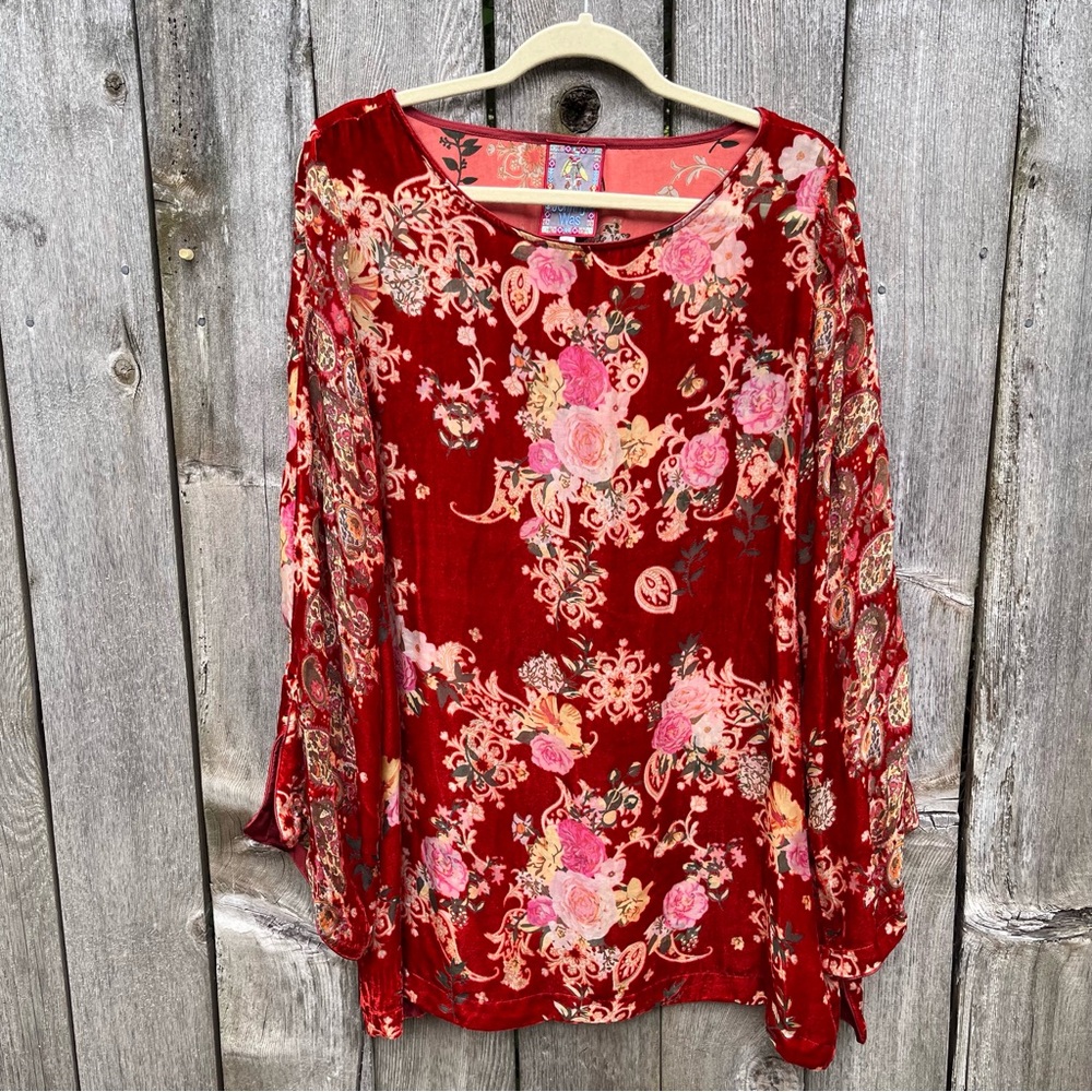 Johnny Was Red Velvet Floral Long Sleeve Tunic